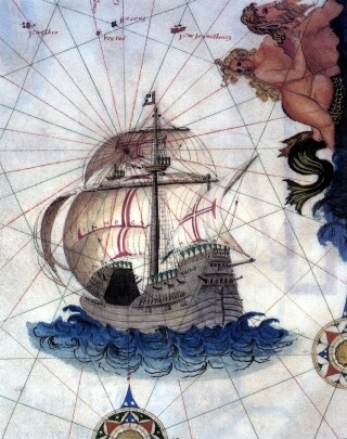 A Portuguese carrack, as depicted in a map made in 1565.