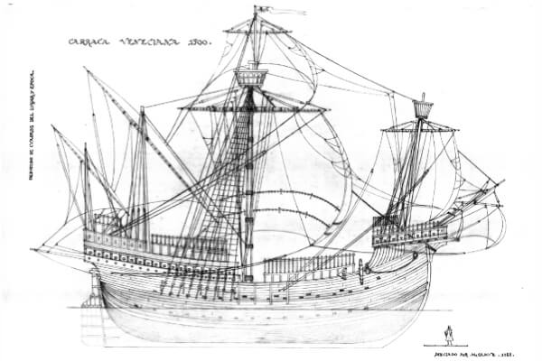 Drawing of a venetian carrack about 1500 A.D. 