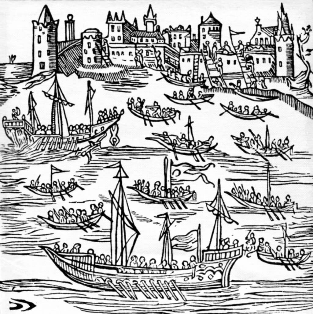 17th century woodcut showing Zaporozhian Cossacks in chaikas, destroying the Turkish fleet and capturing Caffa in 1616.